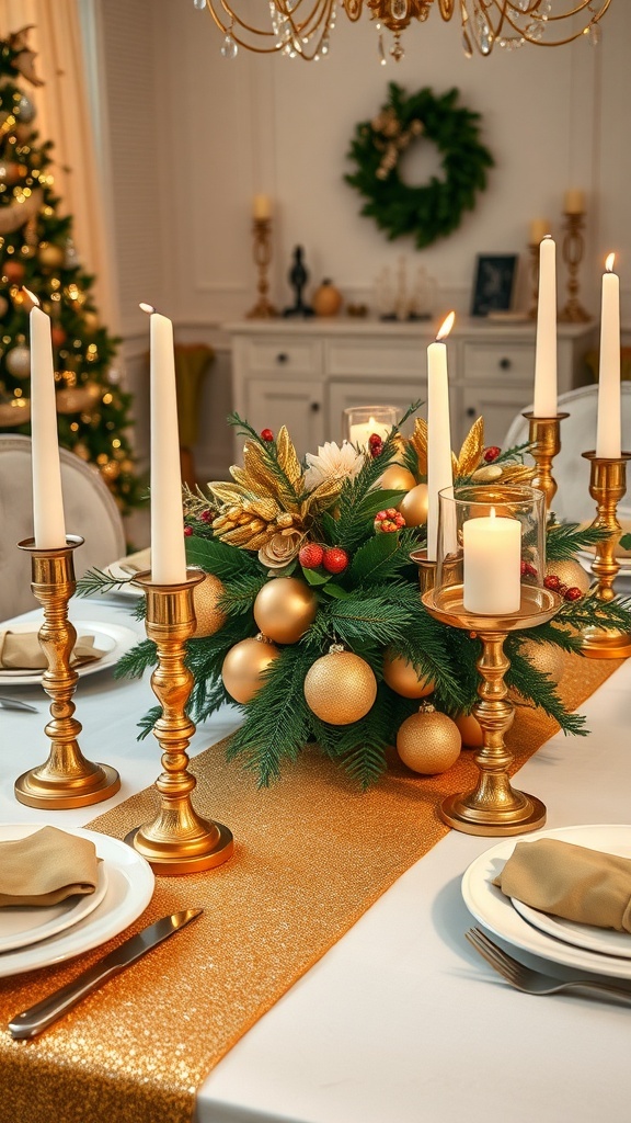 A festive Christmas table setting with gold decorations, including a gold table runner, candle holders, and napkin rings, creating an elegant holiday atmosphere.
